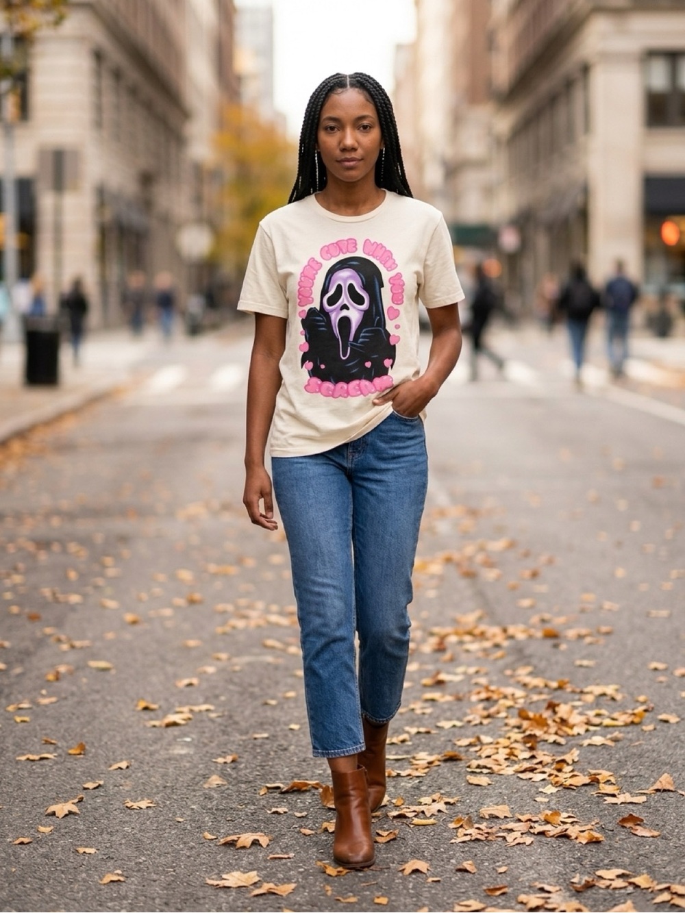Women’s Cream Graphic Tee with Pink & Black Scream Design